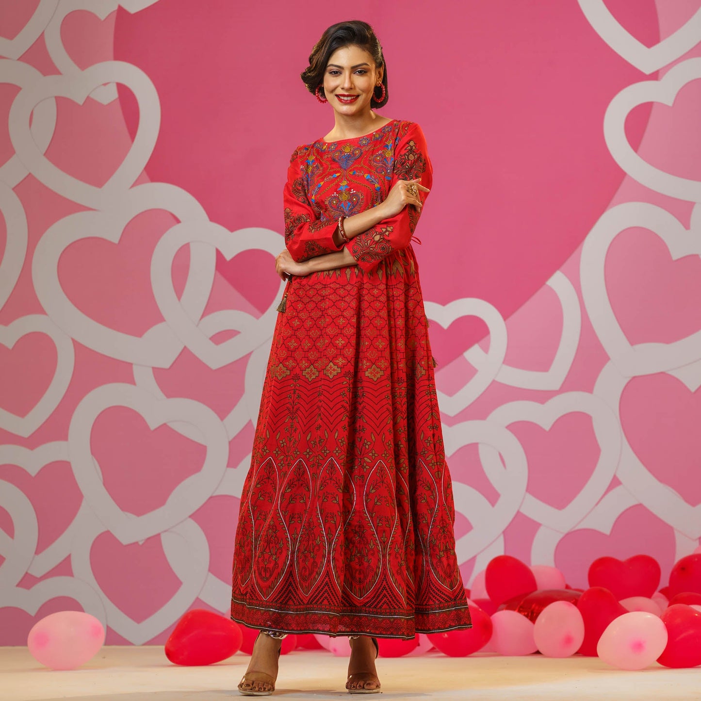 Womens Red Embroidered Silk Gown