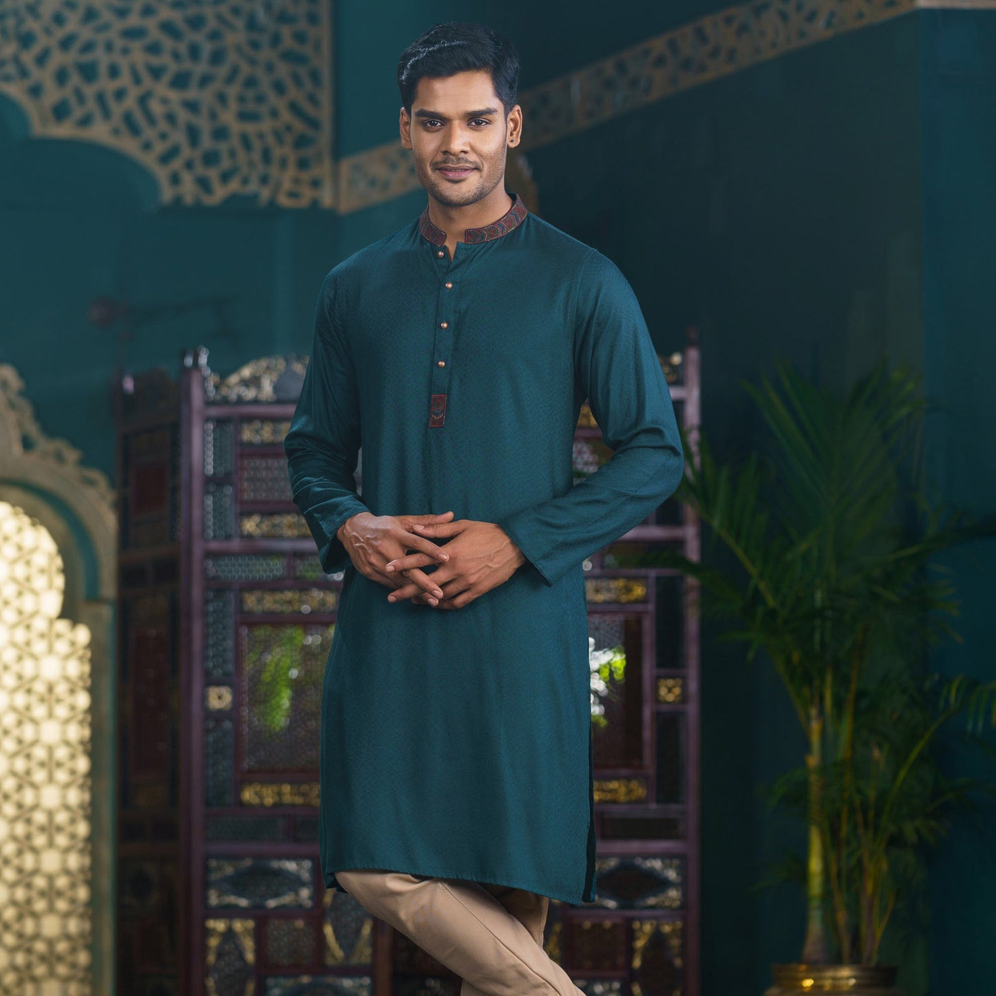 Men's Bottle Green Embroidery Panjabi