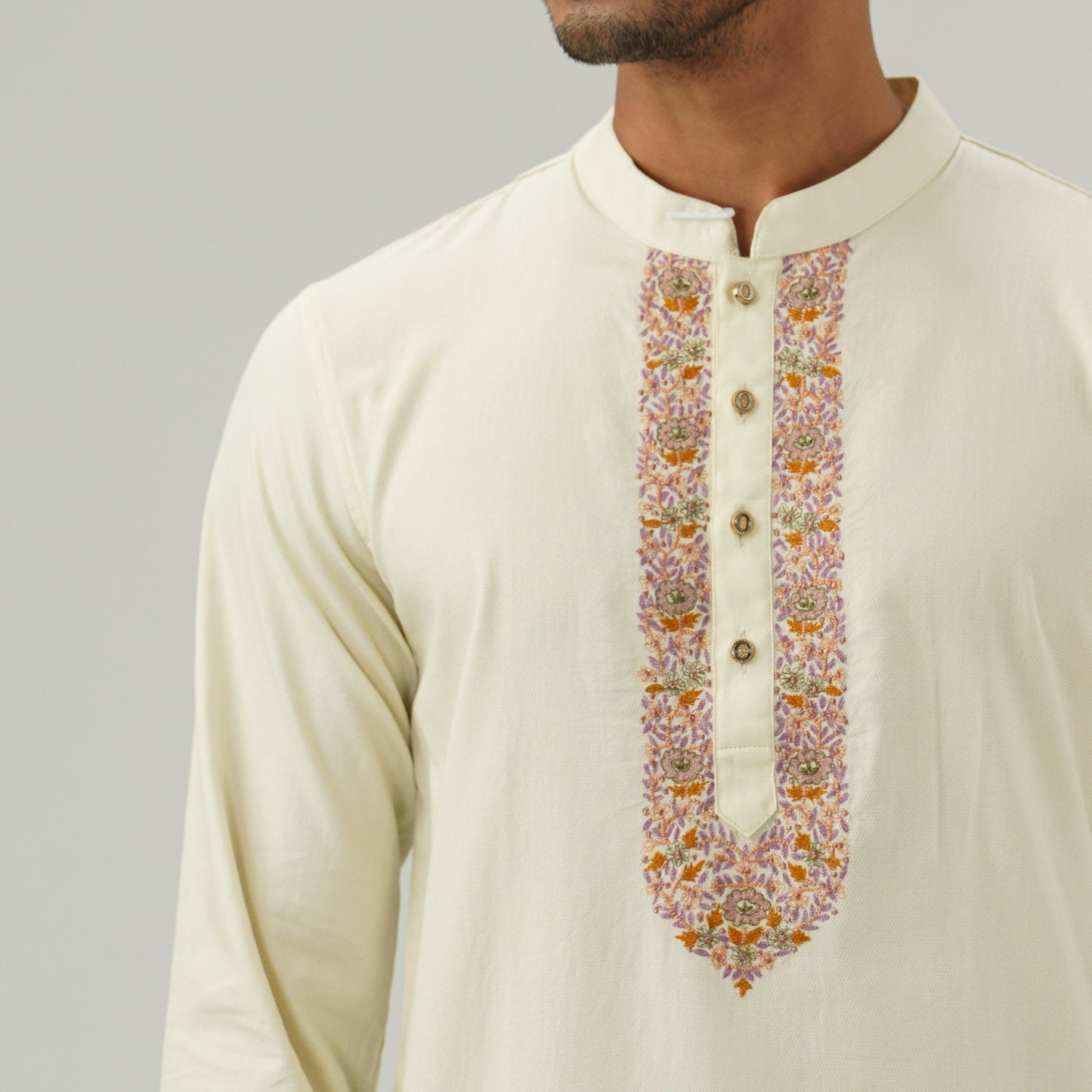 Mens Off White Embroidered Panjabi