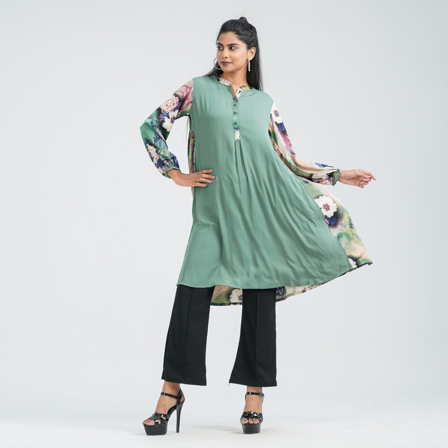 Women's Green Floral Blended Kurti