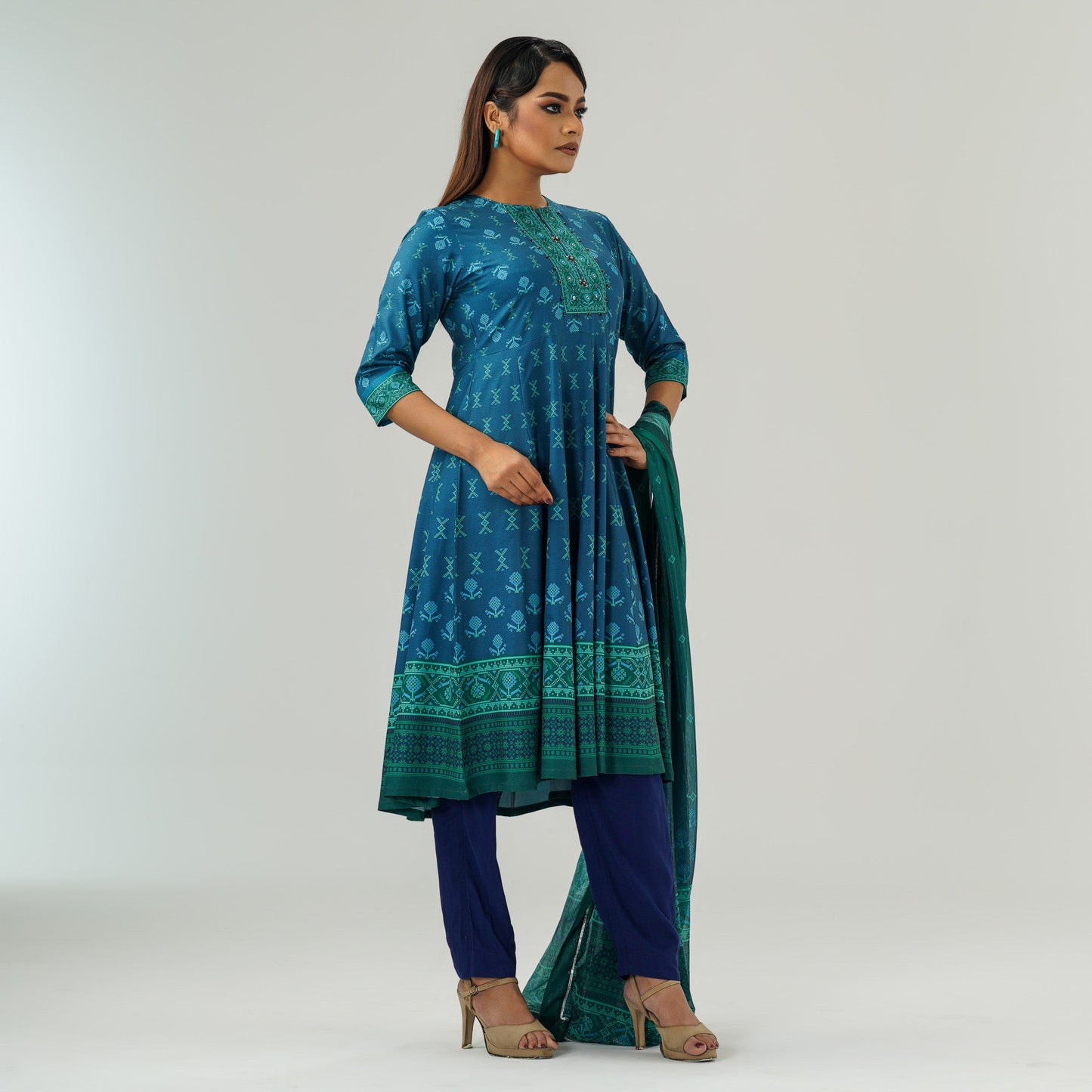 Womens Ethnic Teal Three Piece Set