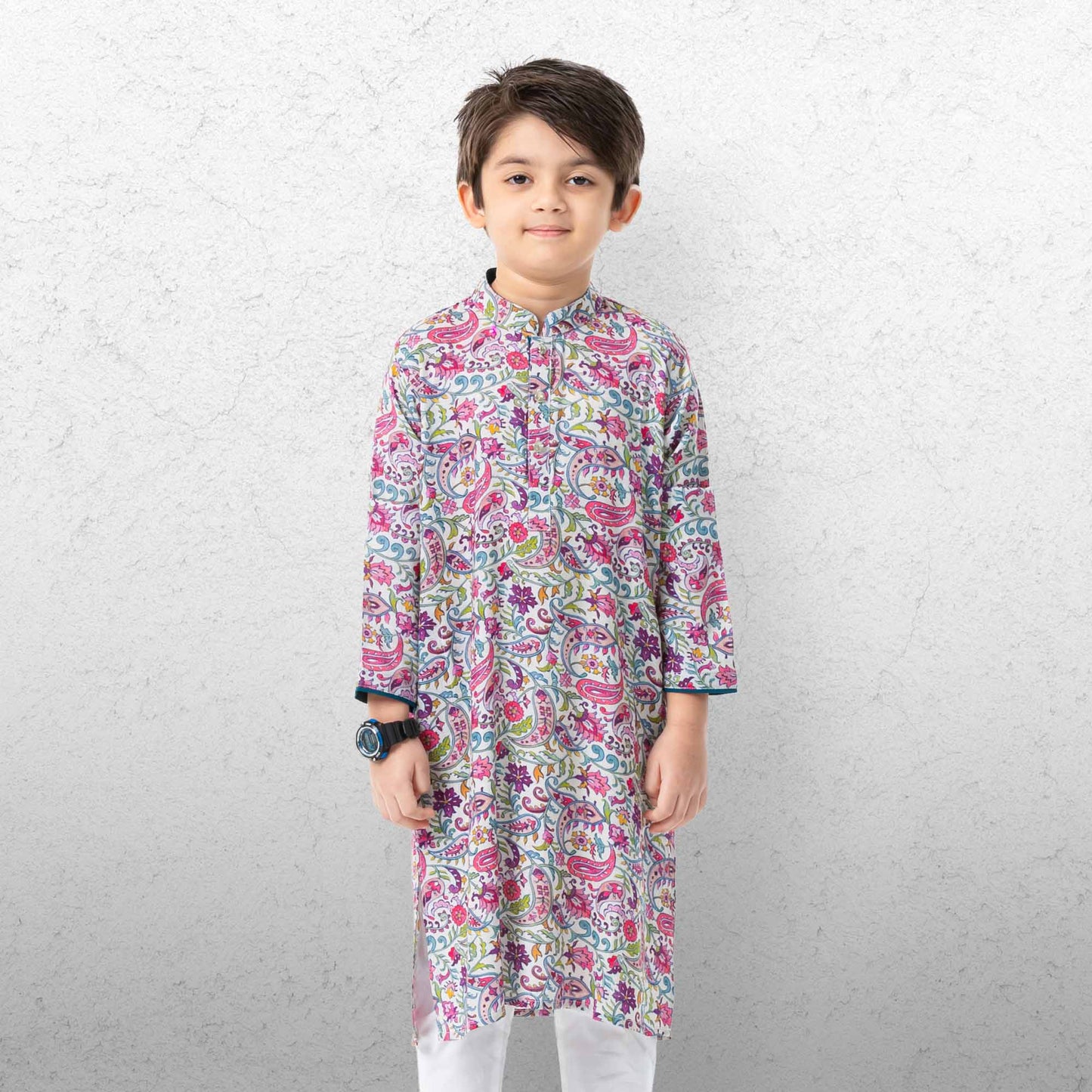 Boys Basic Panjabi-Off White Print