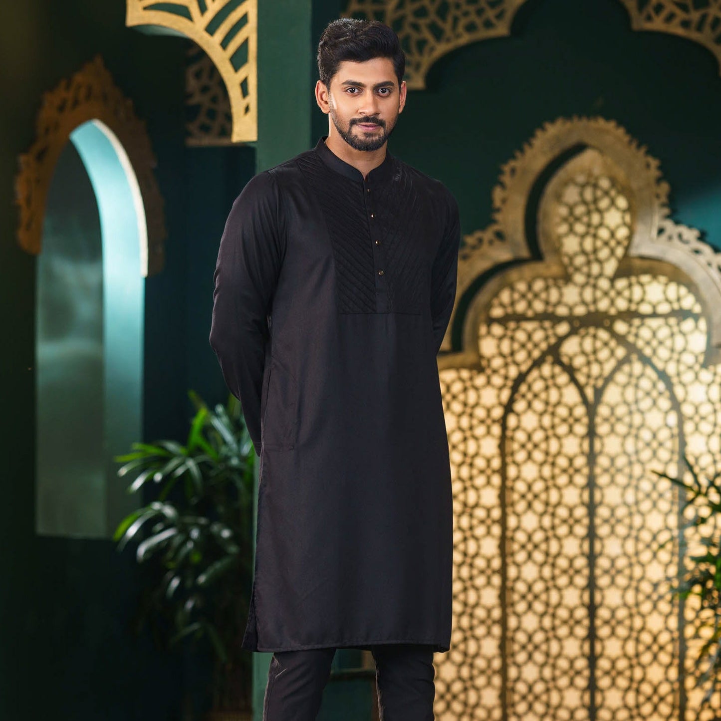 Mens Black Pintuck Panjabi