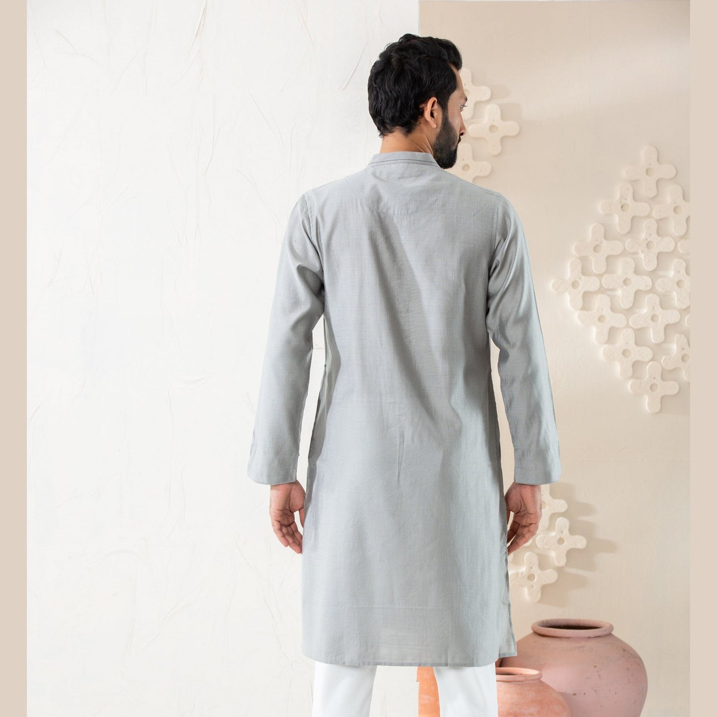 Mens Grey Cotton Panjabi