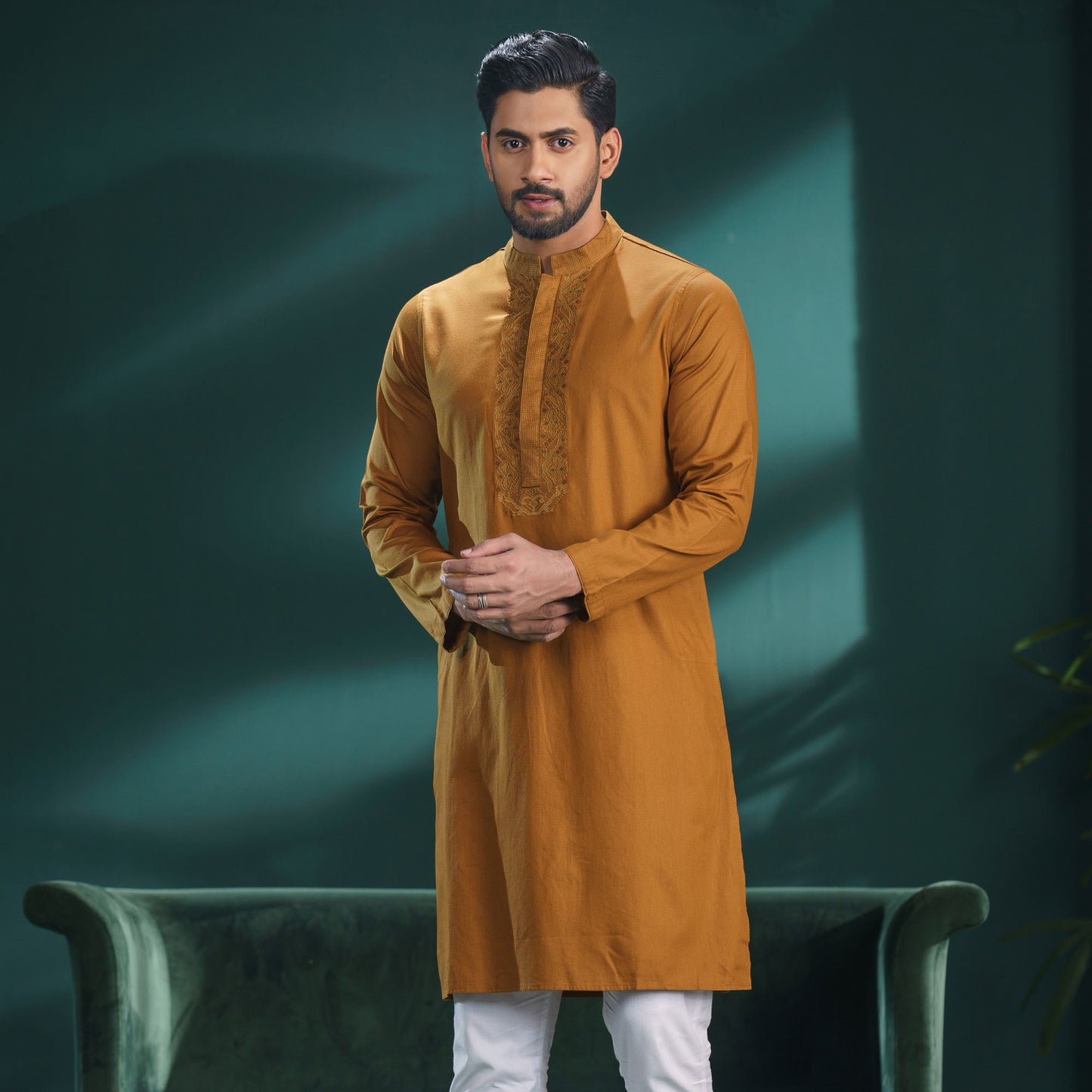 Mens Embroidery Panjabi-Camel