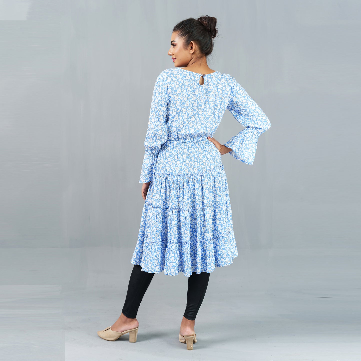 Ladies Dress- Sky Blue/White