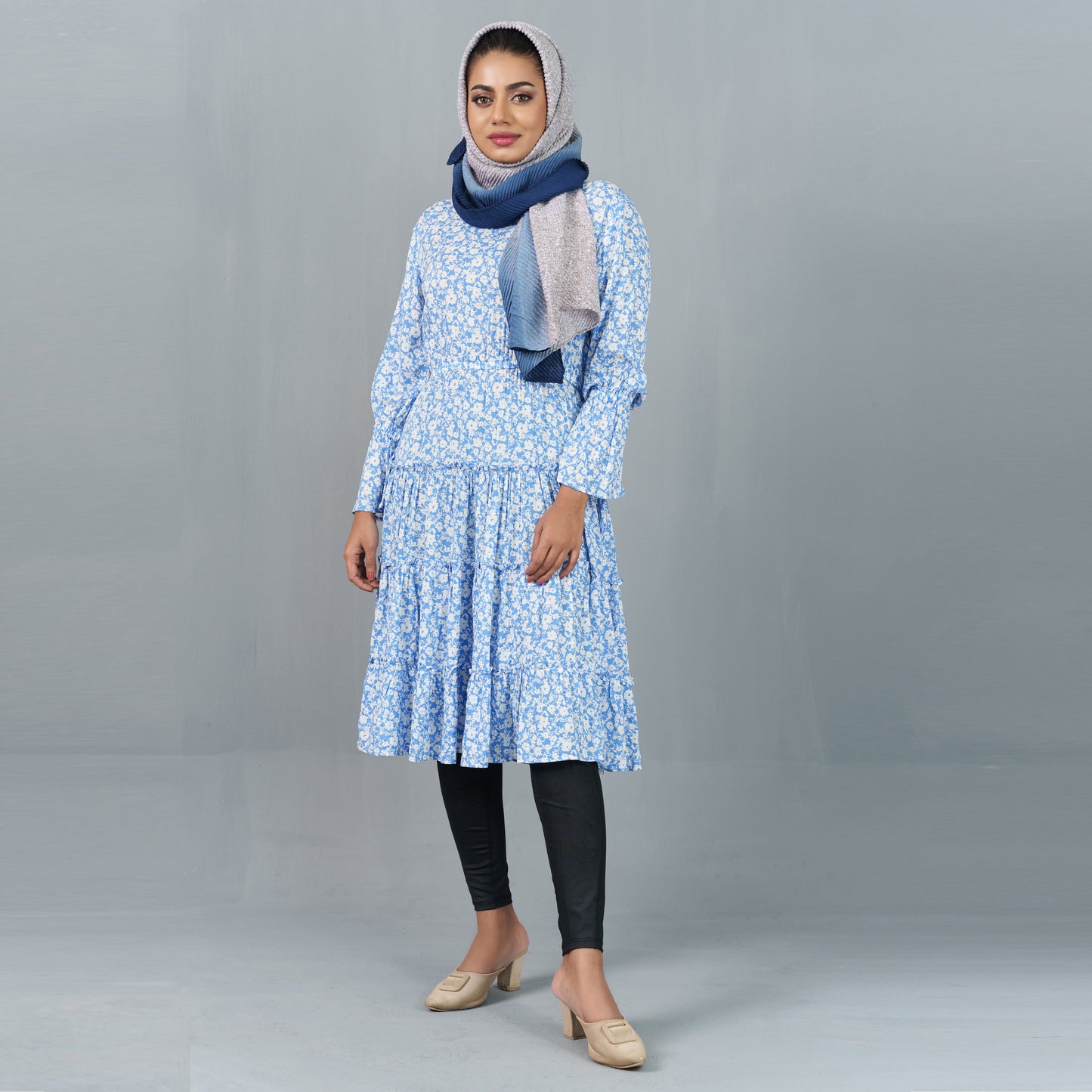 Ladies Dress- Sky Blue/White