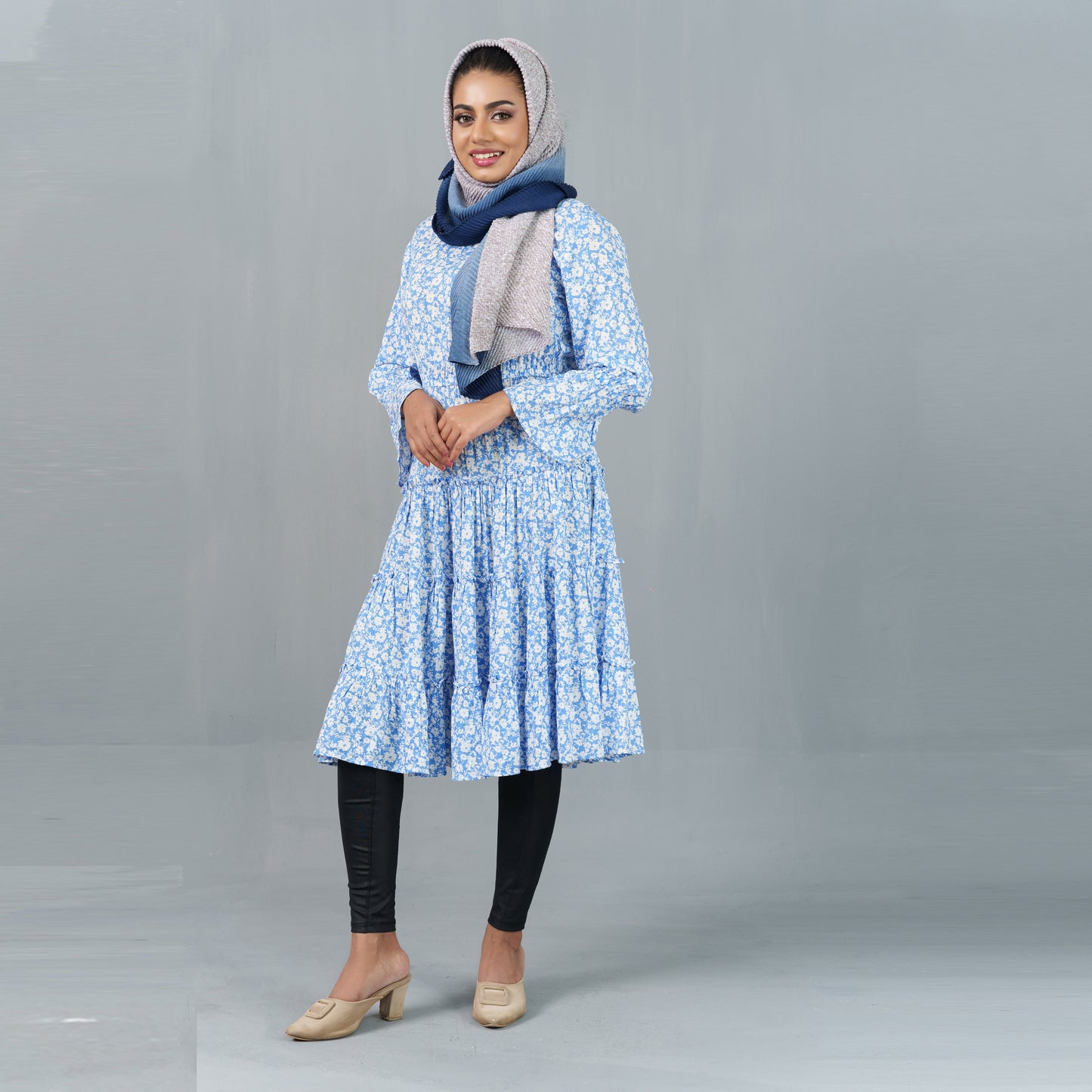 Ladies Dress- Sky Blue/White
