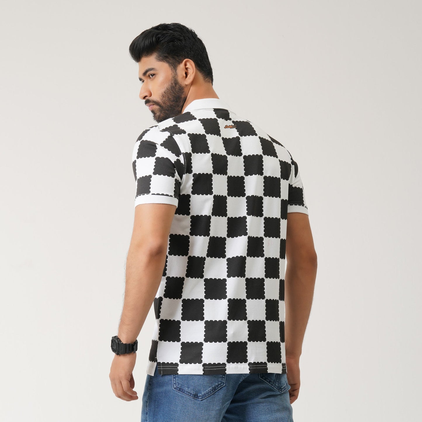 Mens Black & White AOP Polo