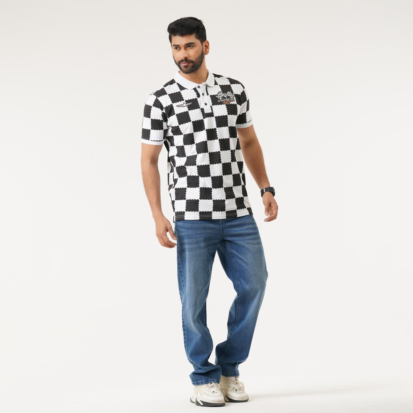 Mens Black & White AOP Polo