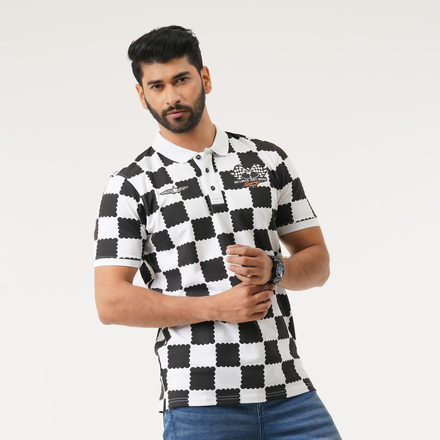 Mens Black & White AOP Polo