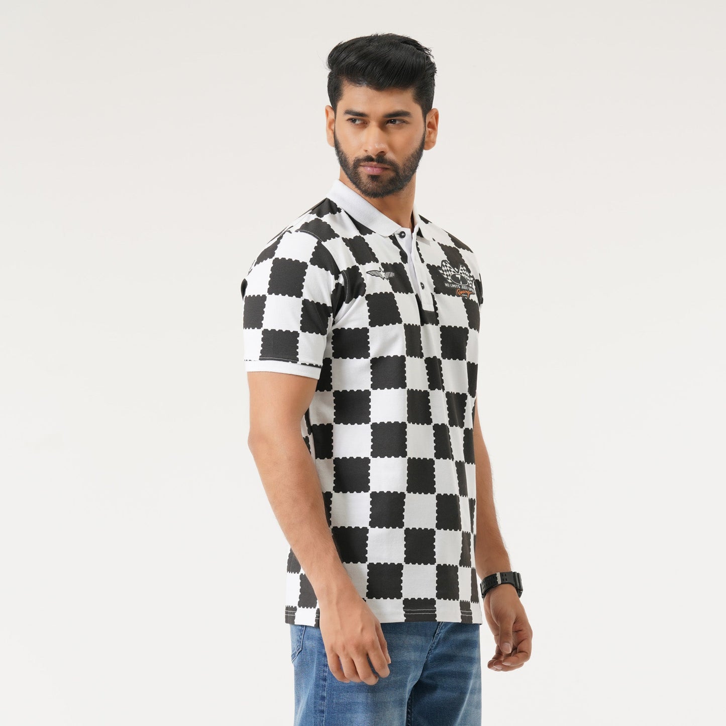 Mens Black & White AOP Polo