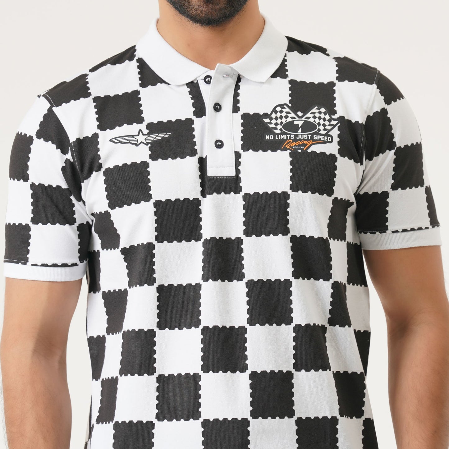Mens Black & White AOP Polo