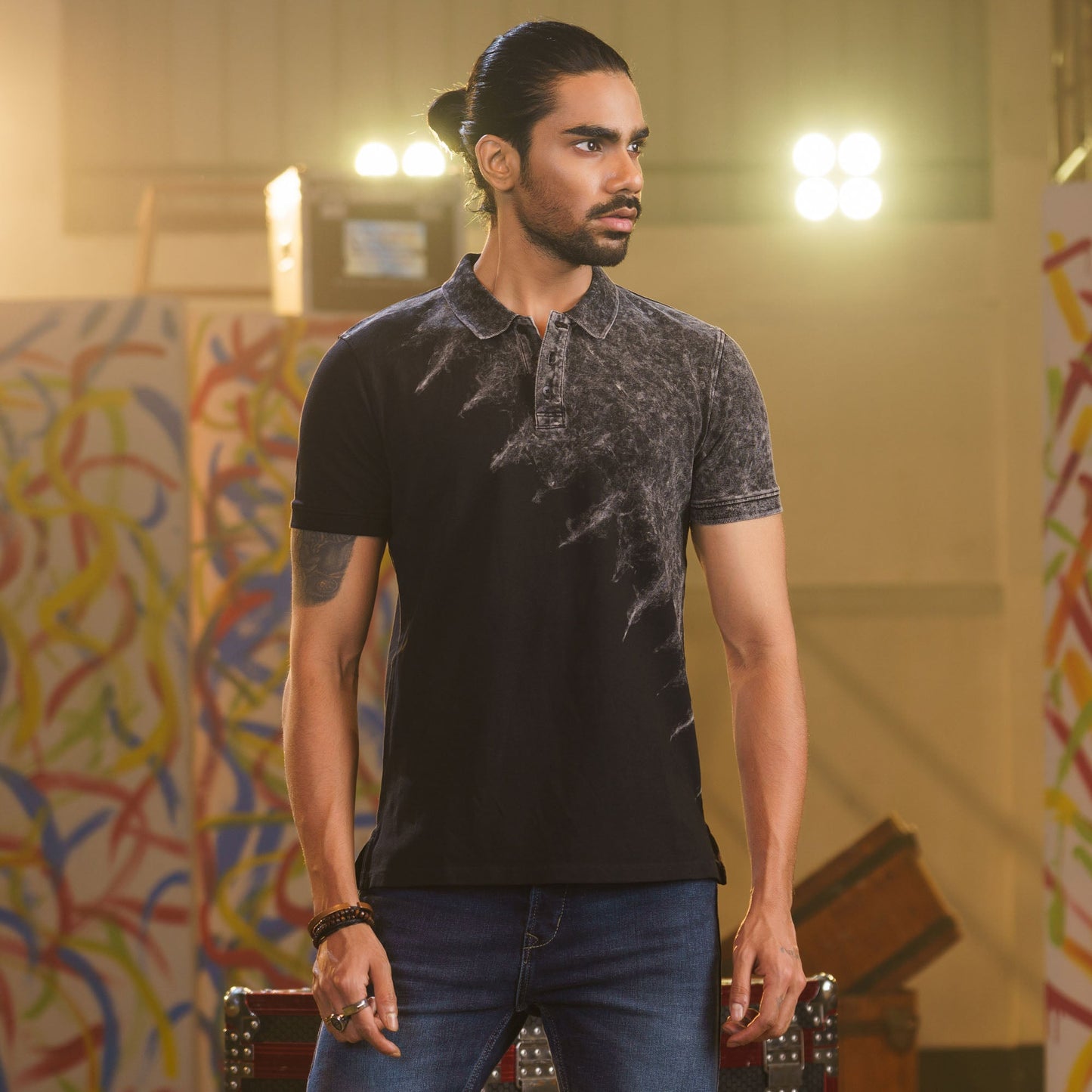 Men's Black Tie-Dye Polo