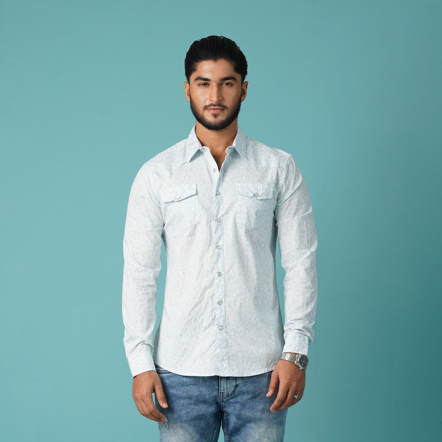 Mens Long Sleeve Shirt Sky-Blue Printed Shirt