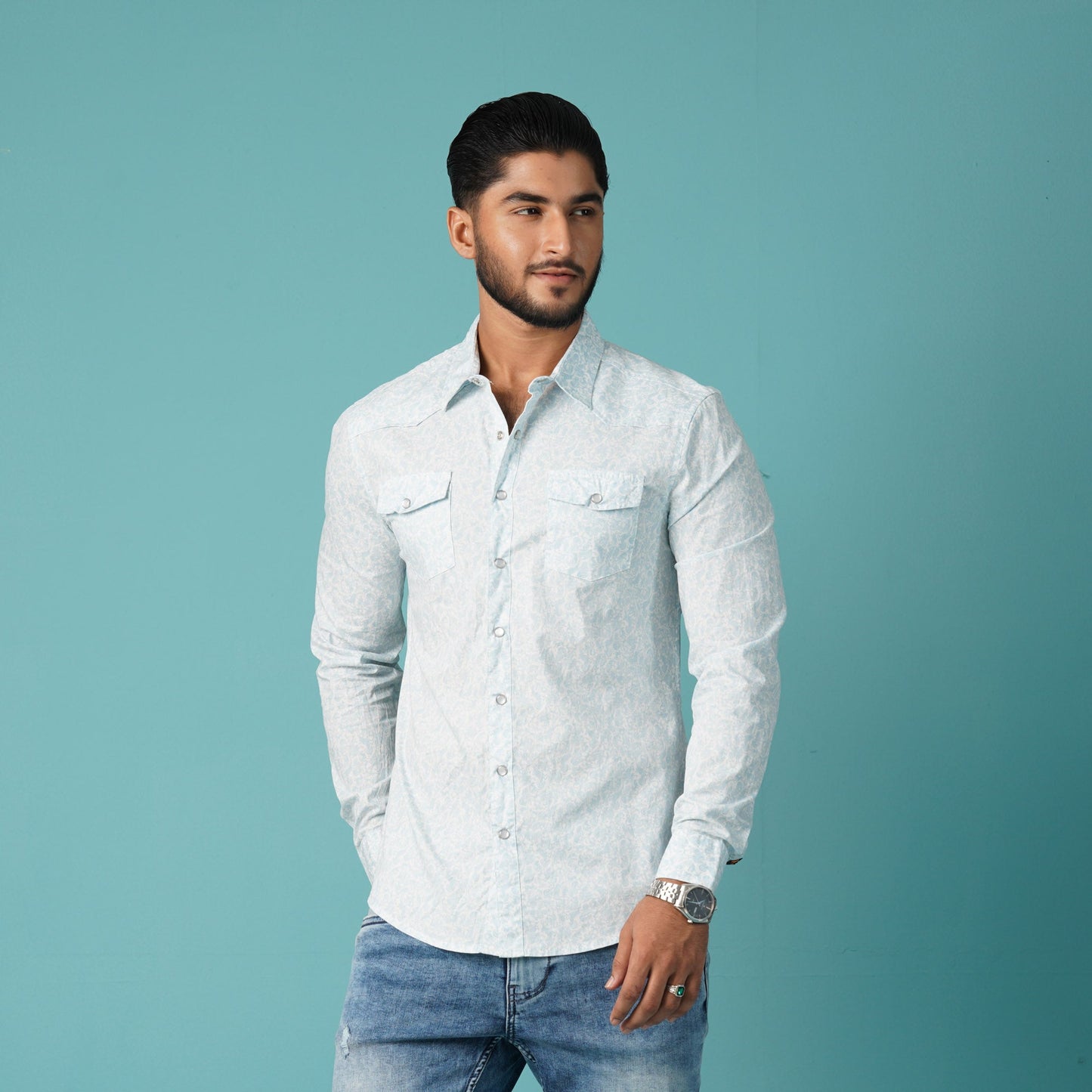 Mens Long Sleeve Shirt Sky-Blue Printed Shirt