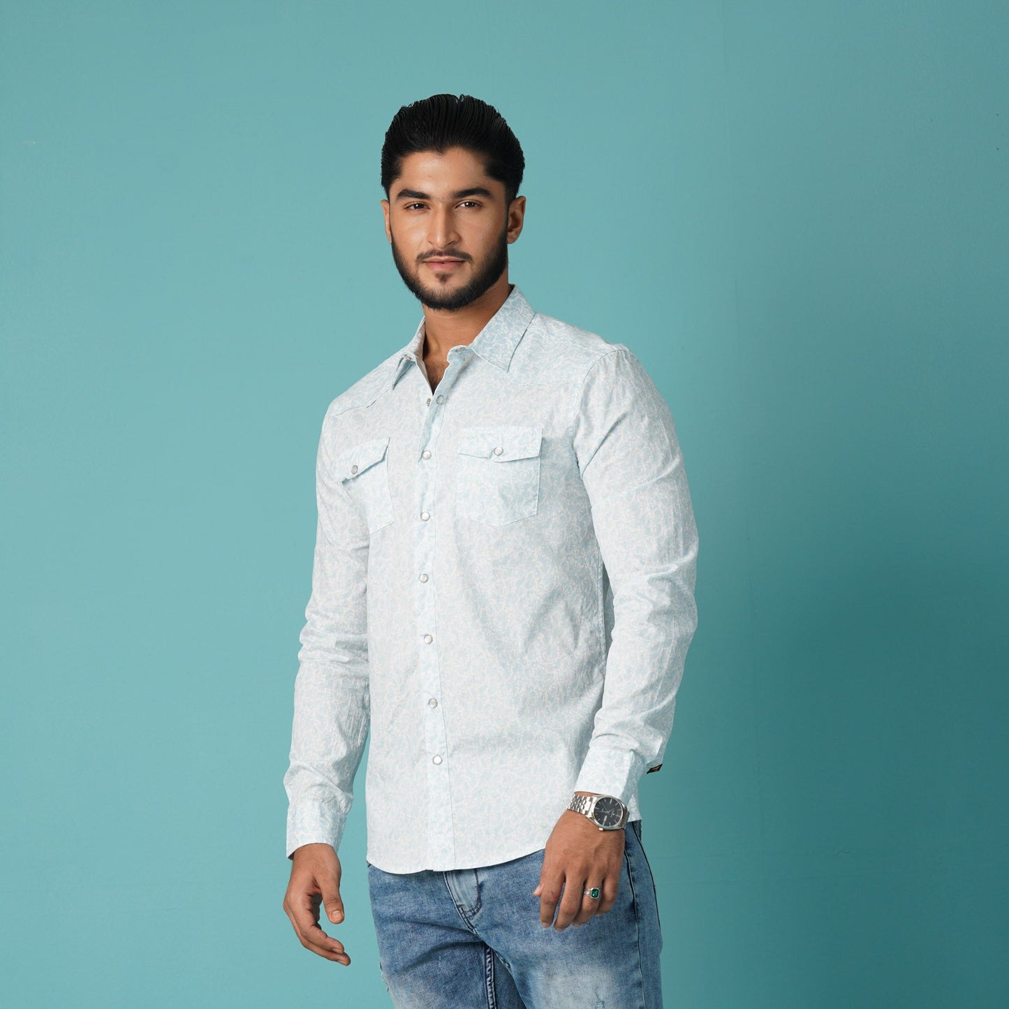 Mens Long Sleeve Shirt Sky-Blue Printed Shirt