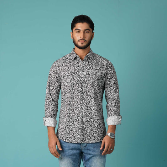 Mens Long Sleeve Shirt -BLACK WHITE AOP