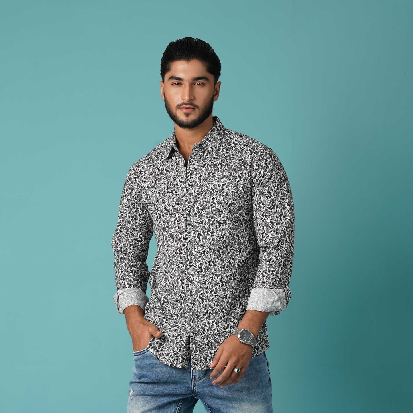 Mens Long Sleeve Shirt -BLACK WHITE AOP