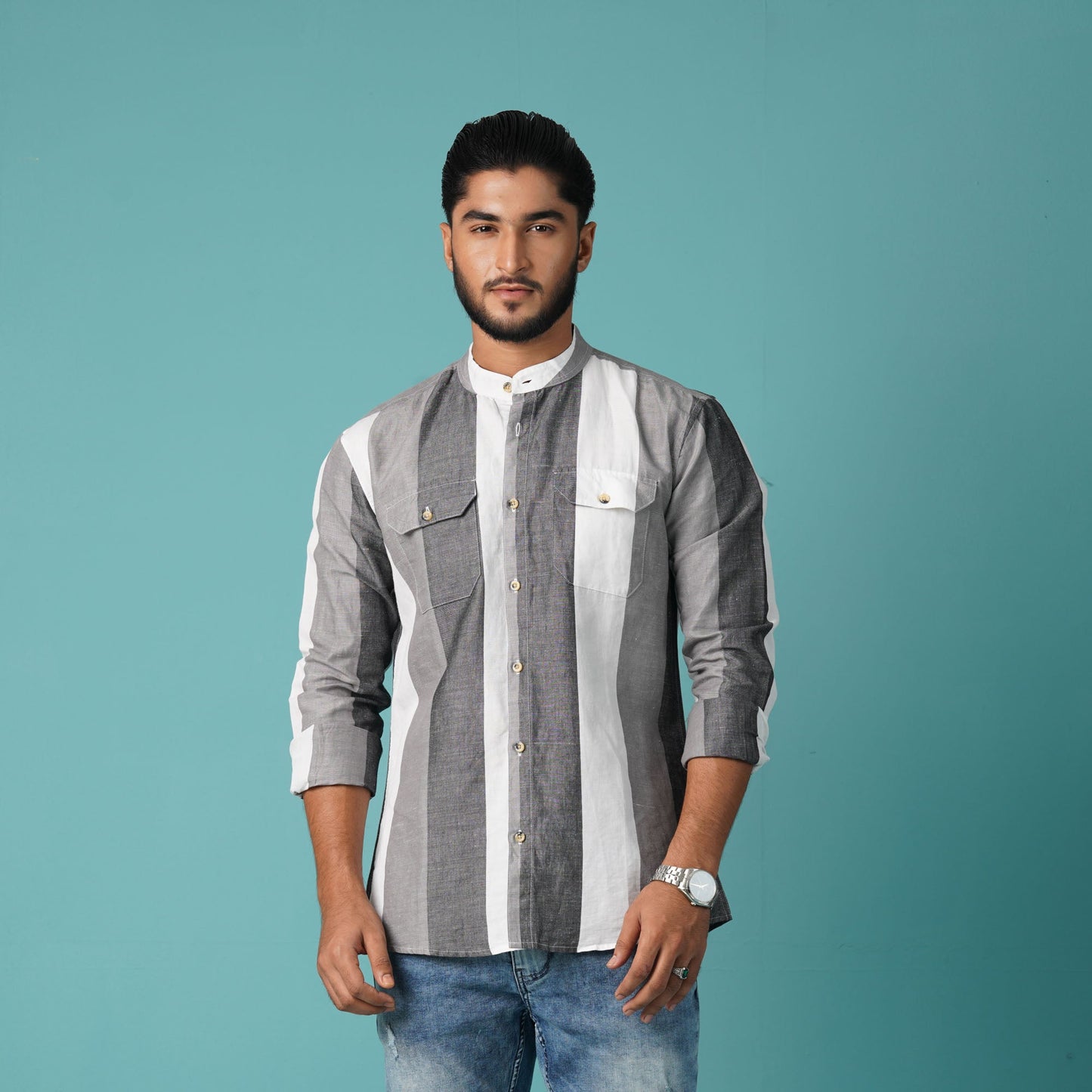 MENS L/S SHIRT-GRAY/WHITE