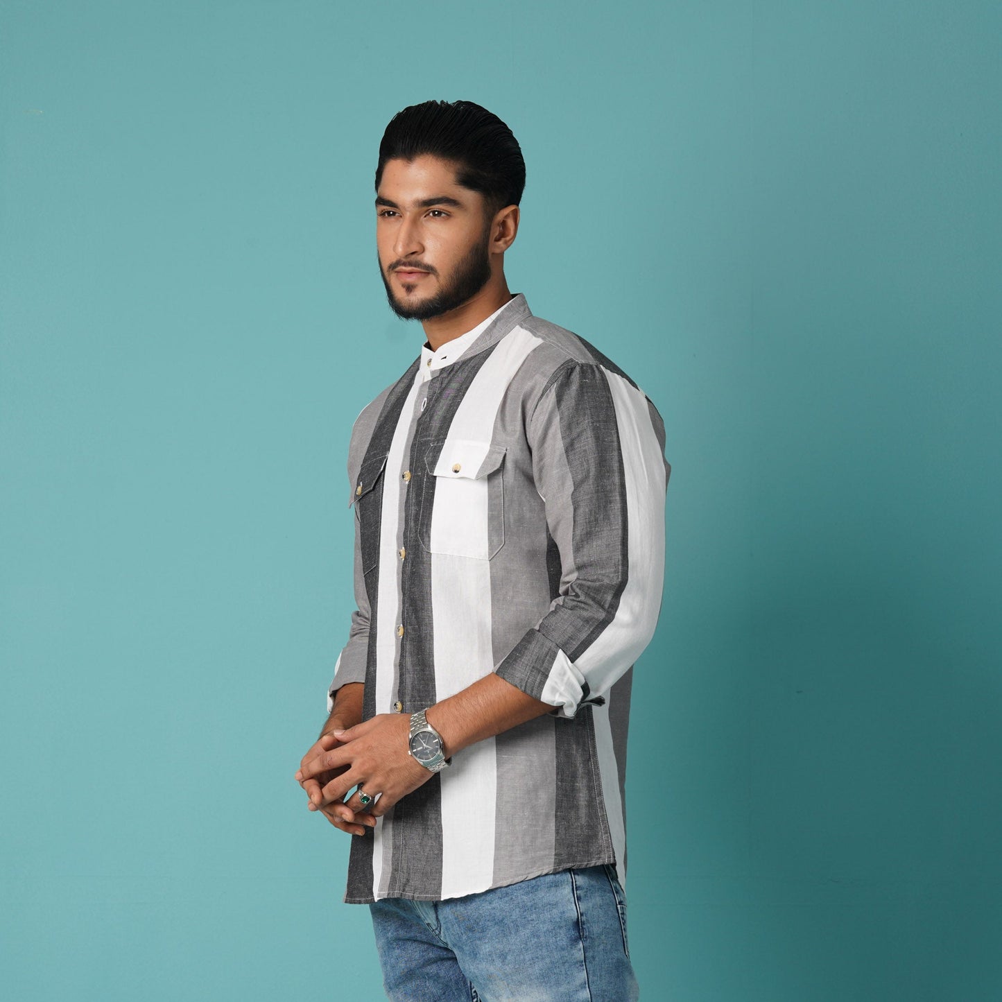 MENS L/S SHIRT-GRAY/WHITE