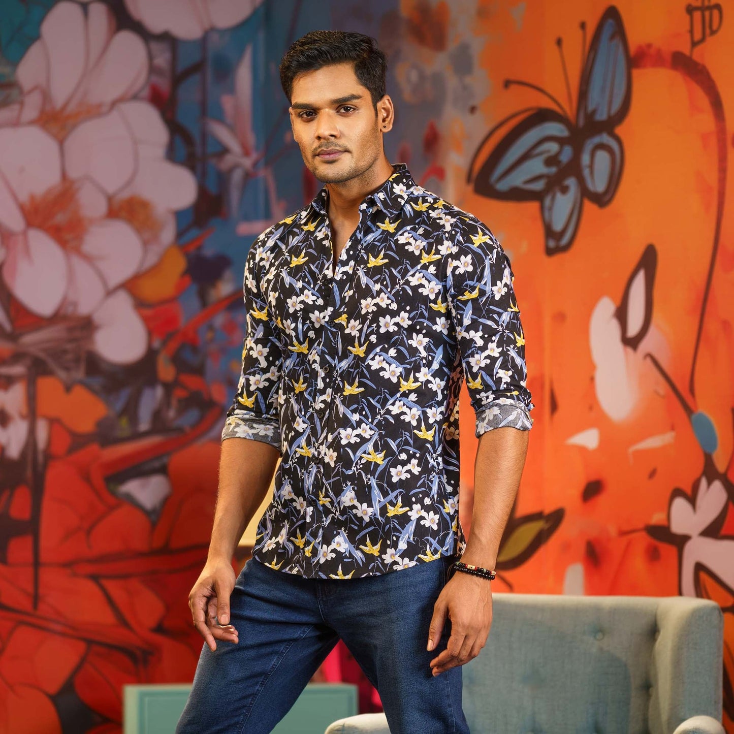 Mens Long Sleeve Shirt -BLACK/BLUE