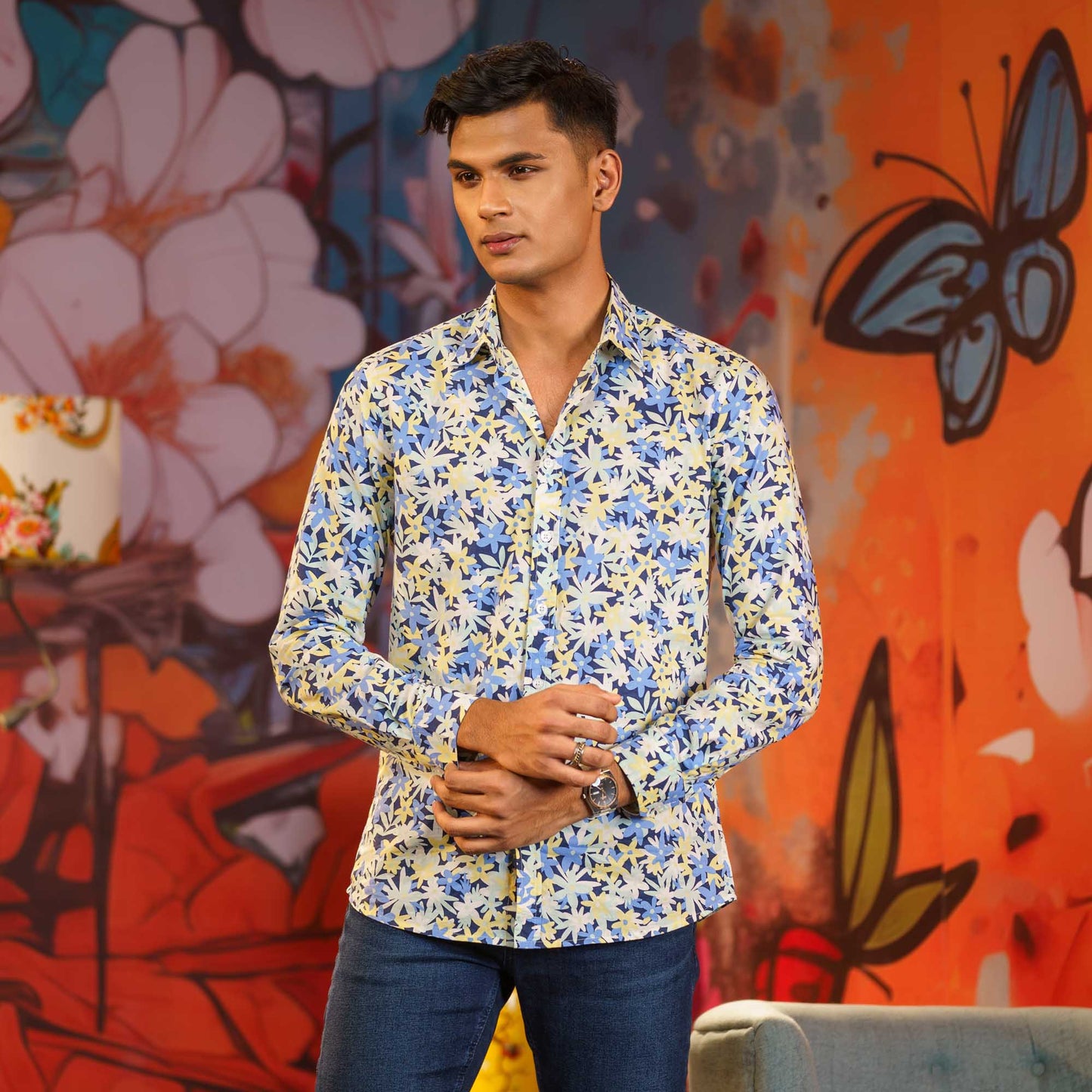 Mens Long Sleeve Shirt-BLUE/YELLOW