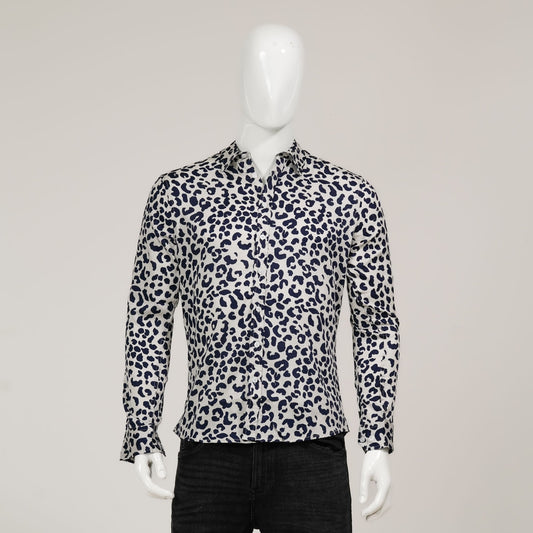 Mens Cream & Navy Striped L/S Shirt