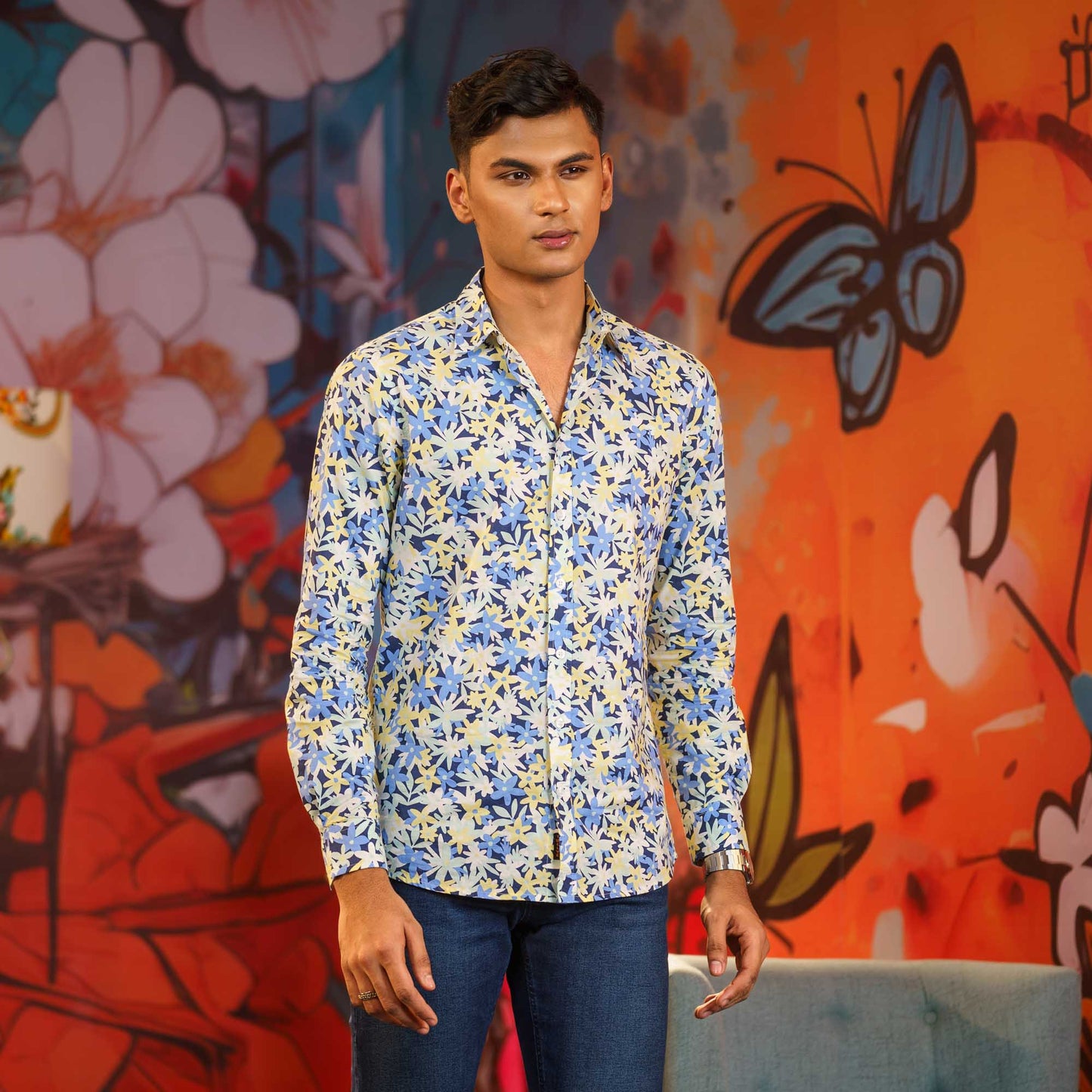 Mens Long Sleeve Shirt-BLUE/YELLOW