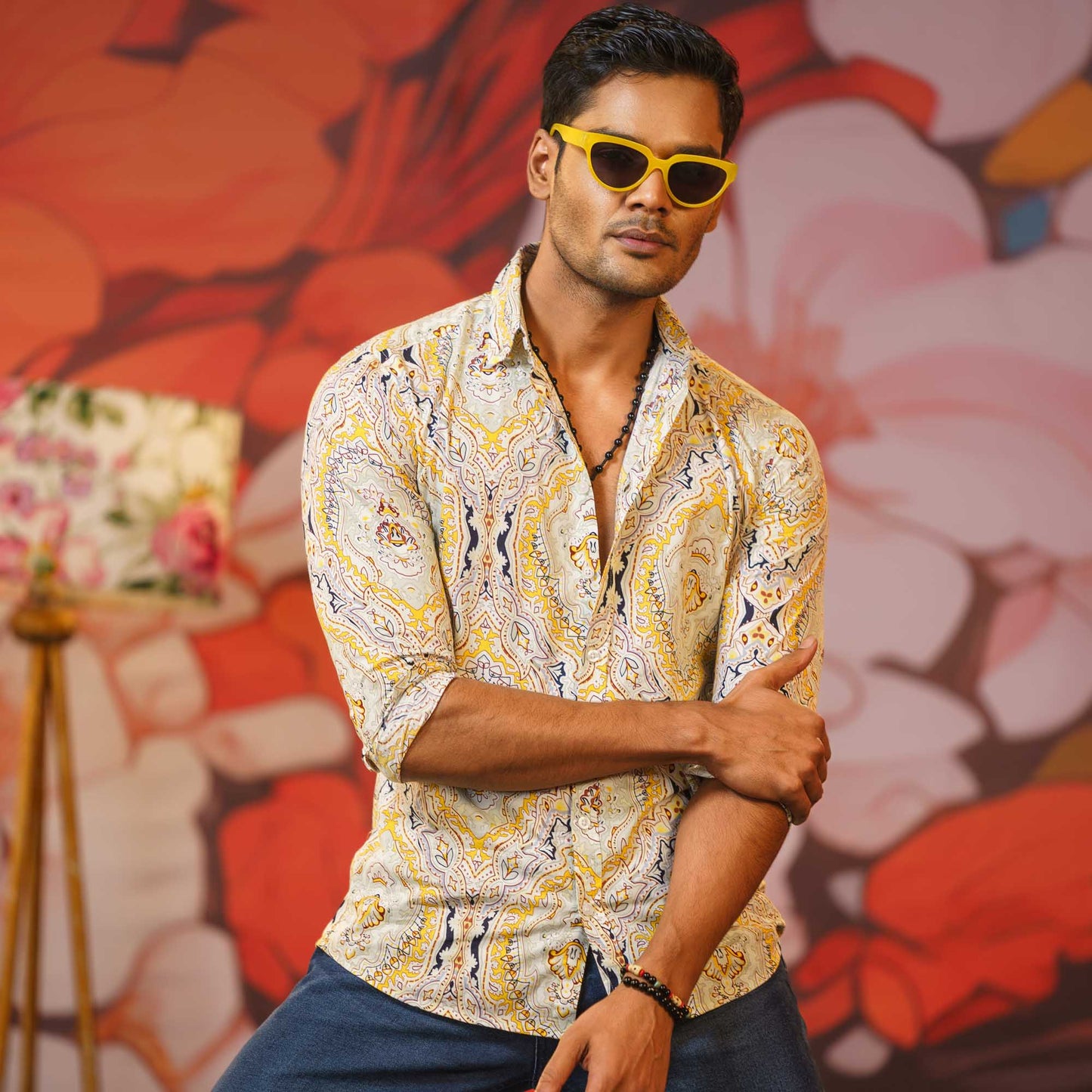 Men’s White Yellow Printed Shirt