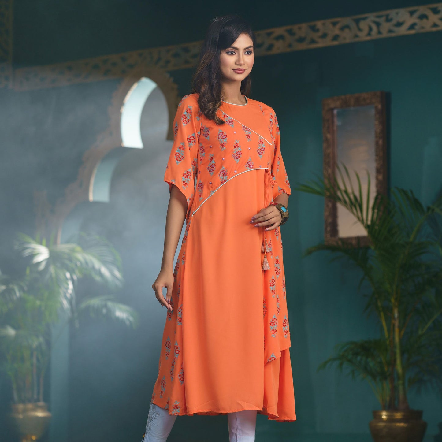 Women Ethnic Orange Fusion Kurti