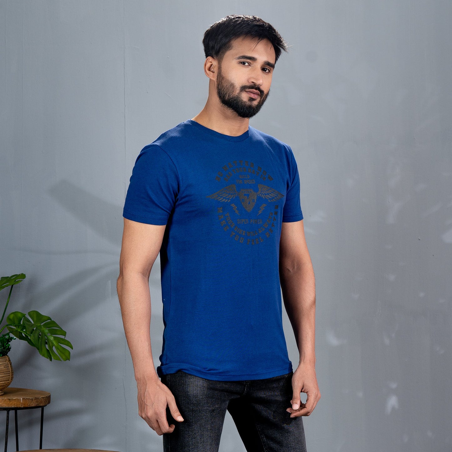 Men's Blue Chest Print T-Shirt