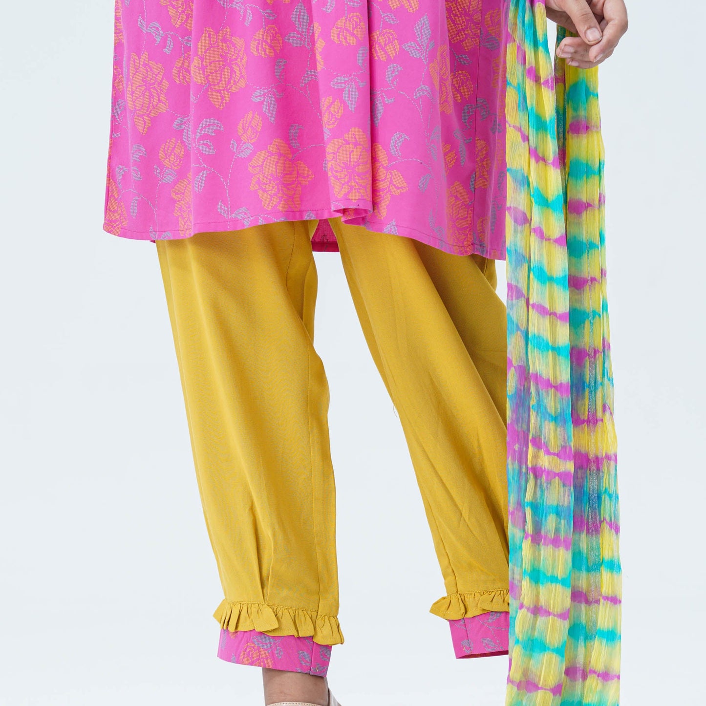 Girlsâ€™ Pink & Yellow Embroidered Two Piece Set