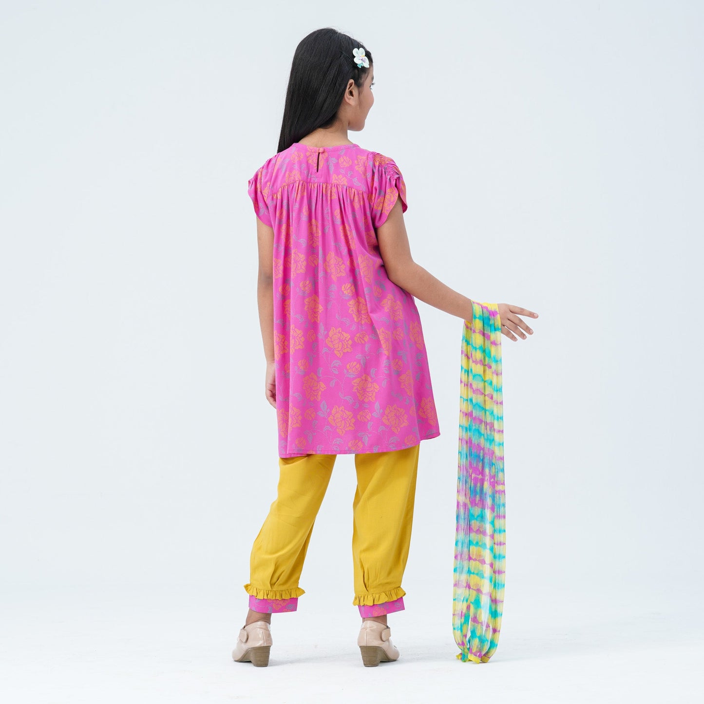 Girlsâ€™ Pink & Yellow Embroidered Two Piece Set