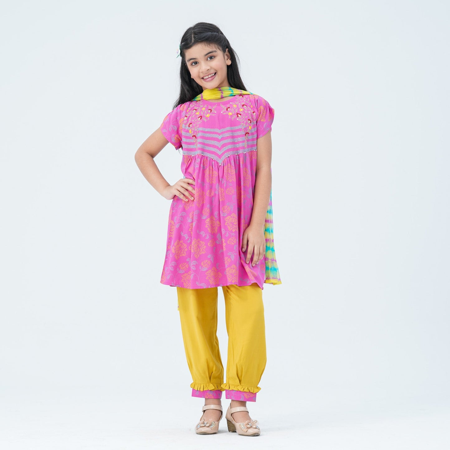 Girlsâ€™ Pink & Yellow Embroidered Two Piece Set