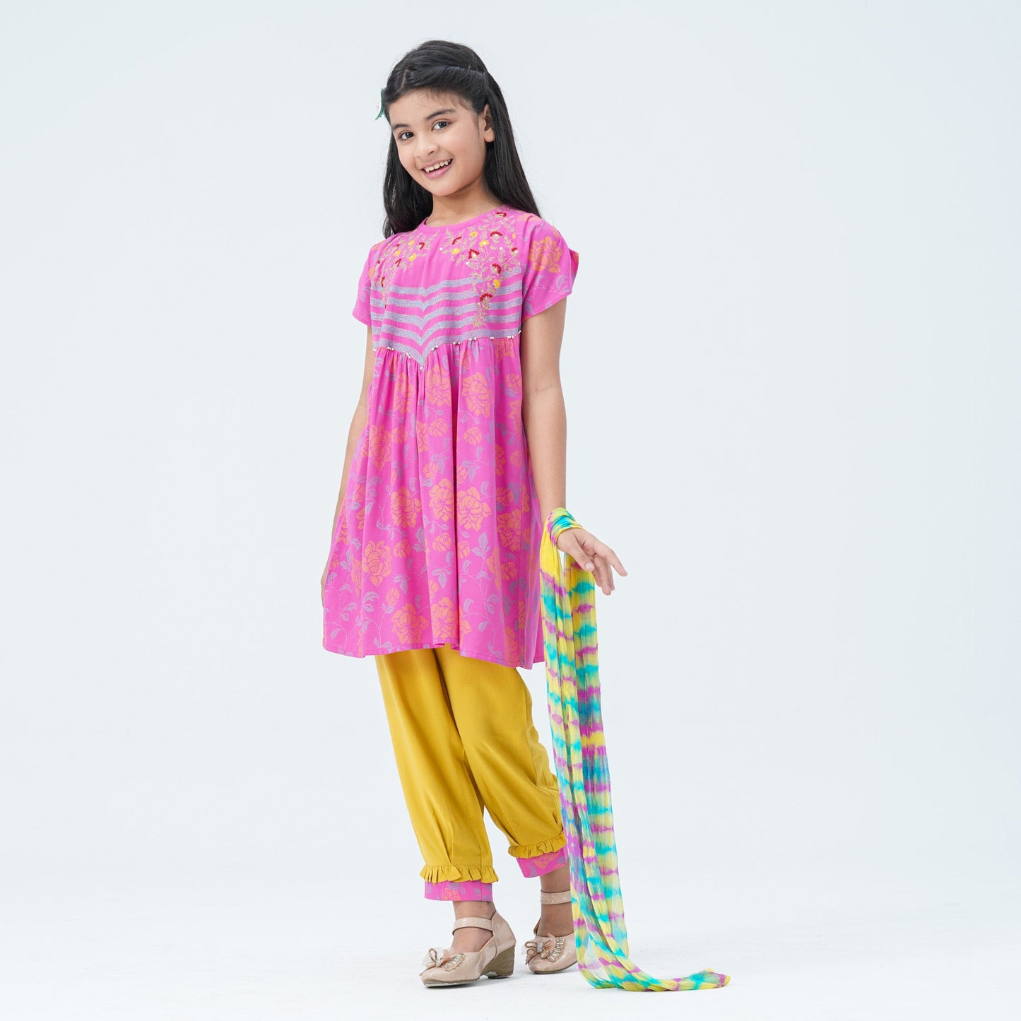 Girlsâ€™ Pink & Yellow Embroidered Two Piece Set