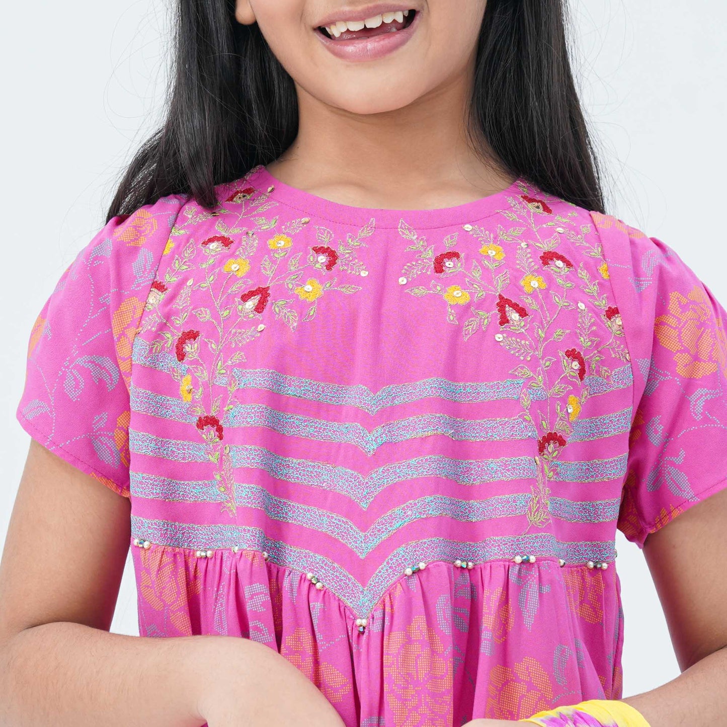 Girlsâ€™ Pink & Yellow Embroidered Two Piece Set