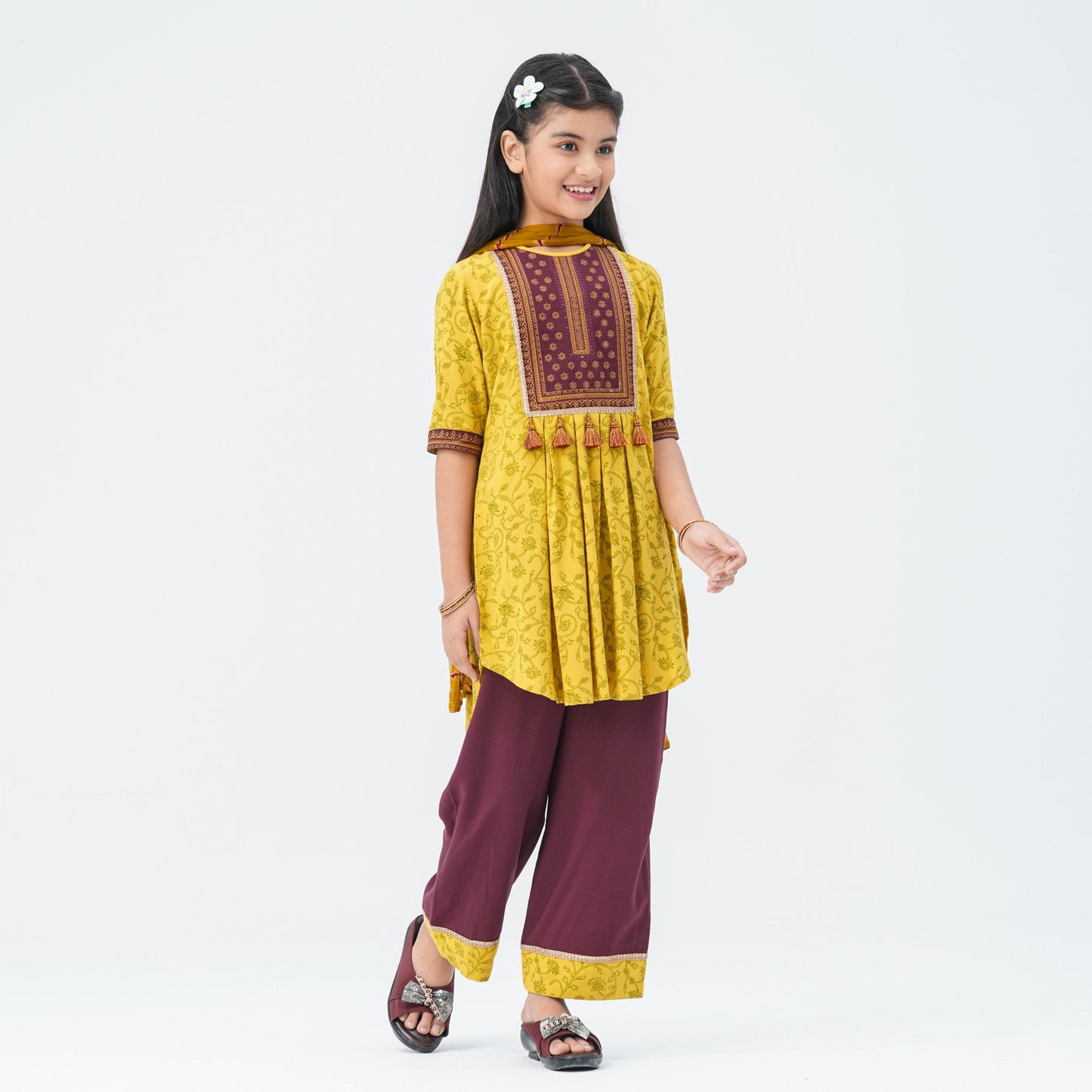 Girl's Mustard & Maroon Floral Three Piece Set