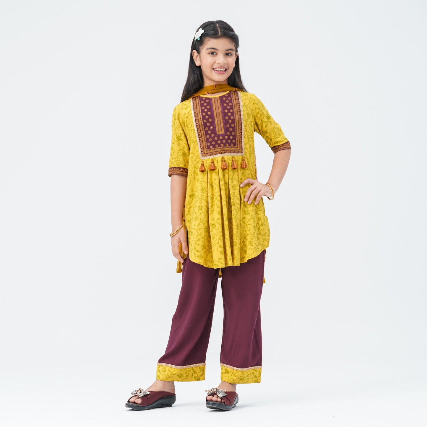 Girl's Mustard & Maroon Floral Three Piece Set