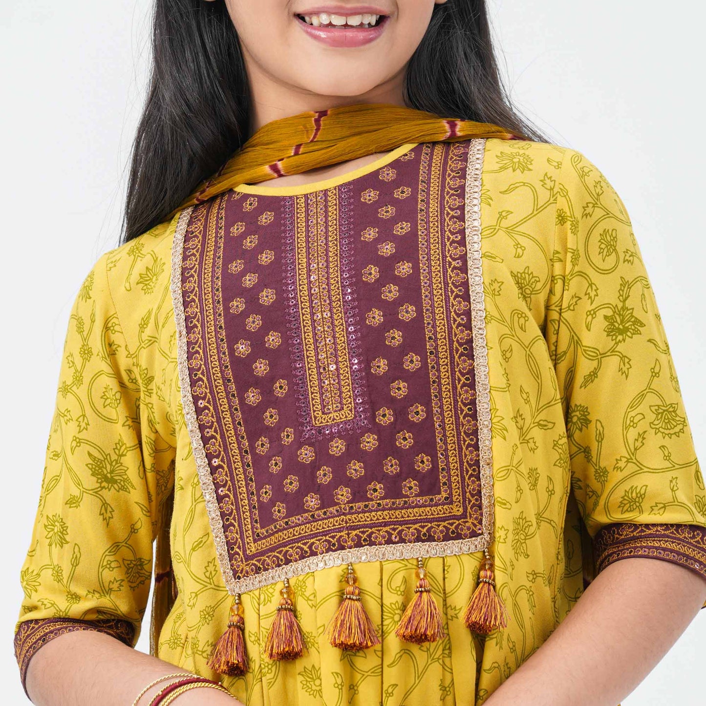 Girl's Mustard & Maroon Floral Three Piece Set