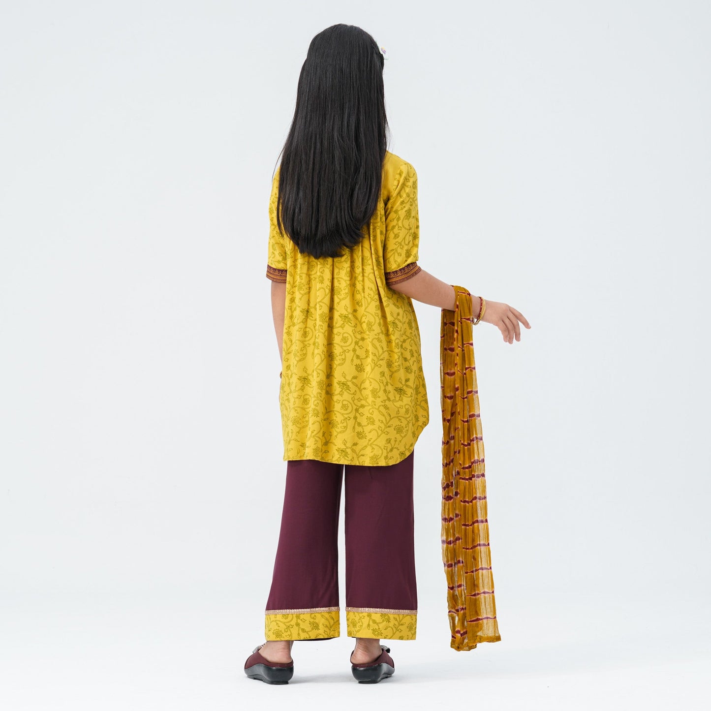 Girl's Mustard & Maroon Floral Three Piece Set