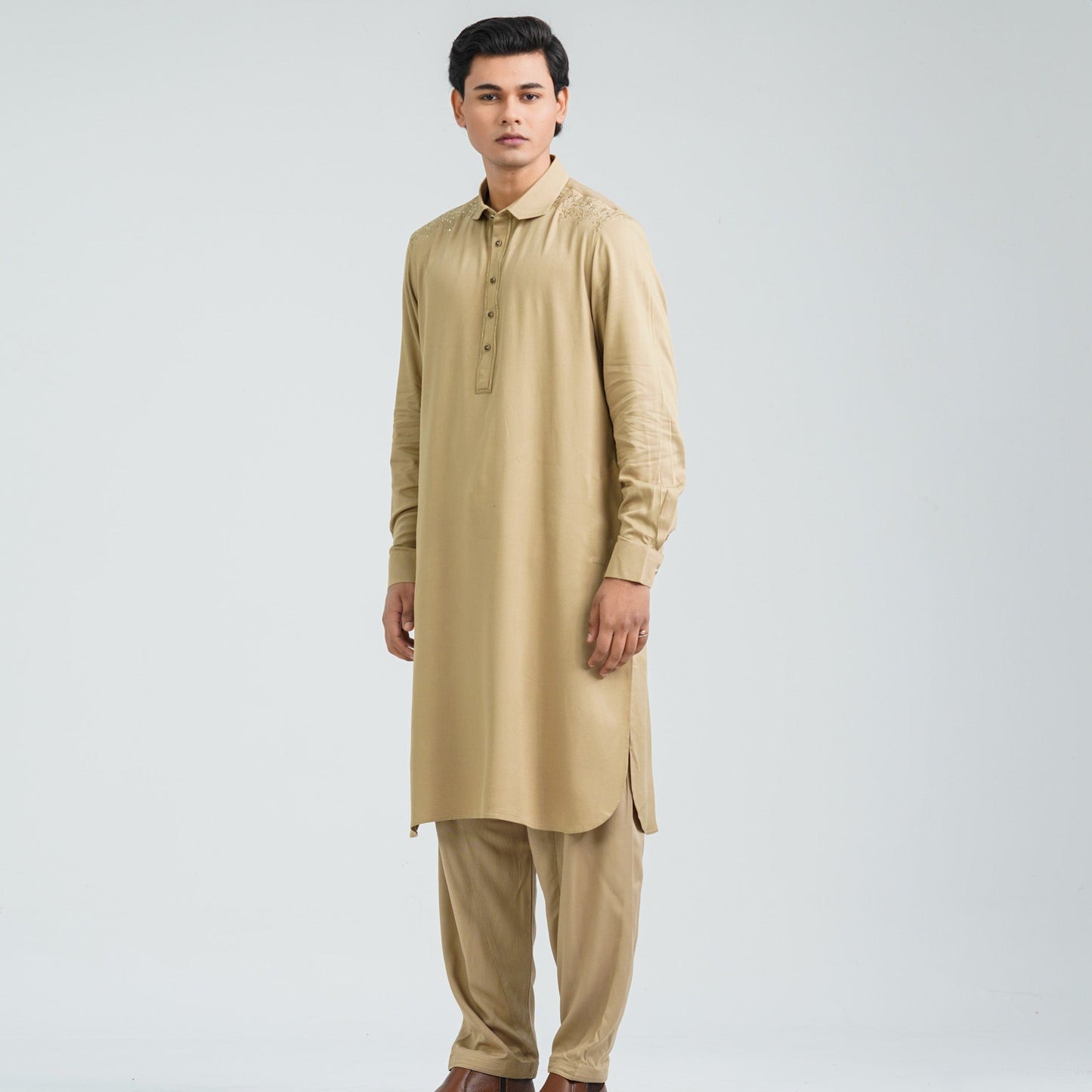 Men's Beige Viscose Embroidered Kabli