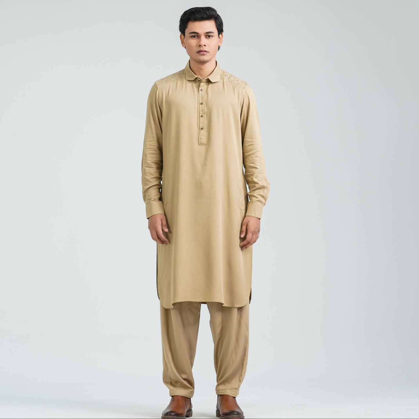 Men's Beige Viscose Embroidered Kabli