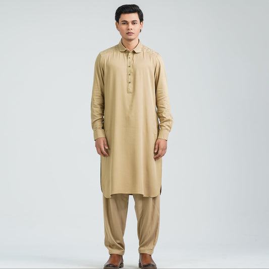 Men's Beige Viscose Embroidered Kabli