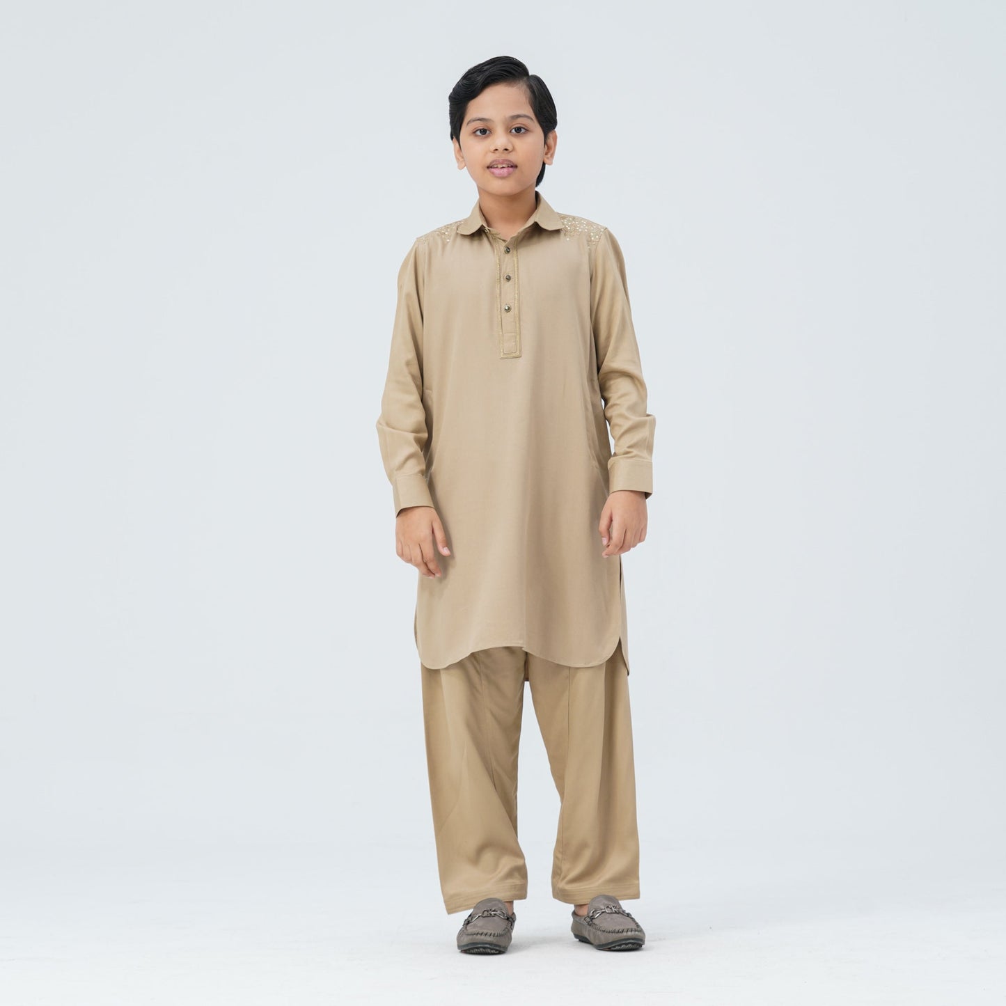 Boy's Beige Viscose Embroidered Kabli