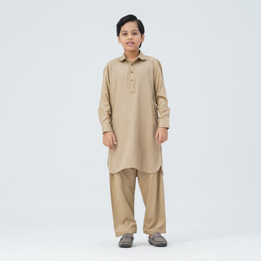 Boy's Beige Viscose Embroidered Kabli