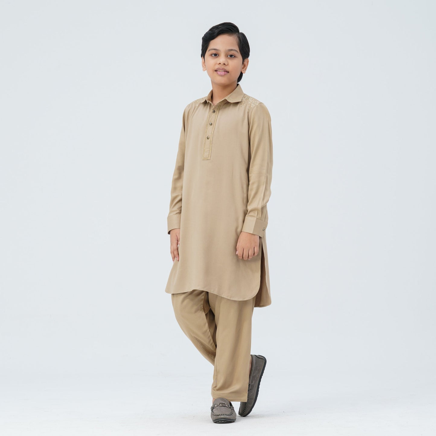 Boy's Beige Viscose Embroidered Kabli