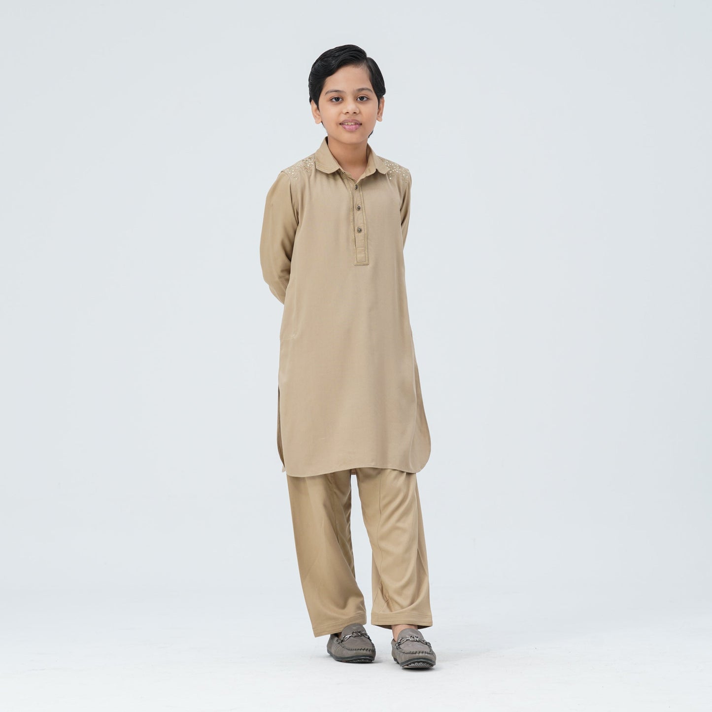 Boy's Beige Viscose Embroidered Kabli