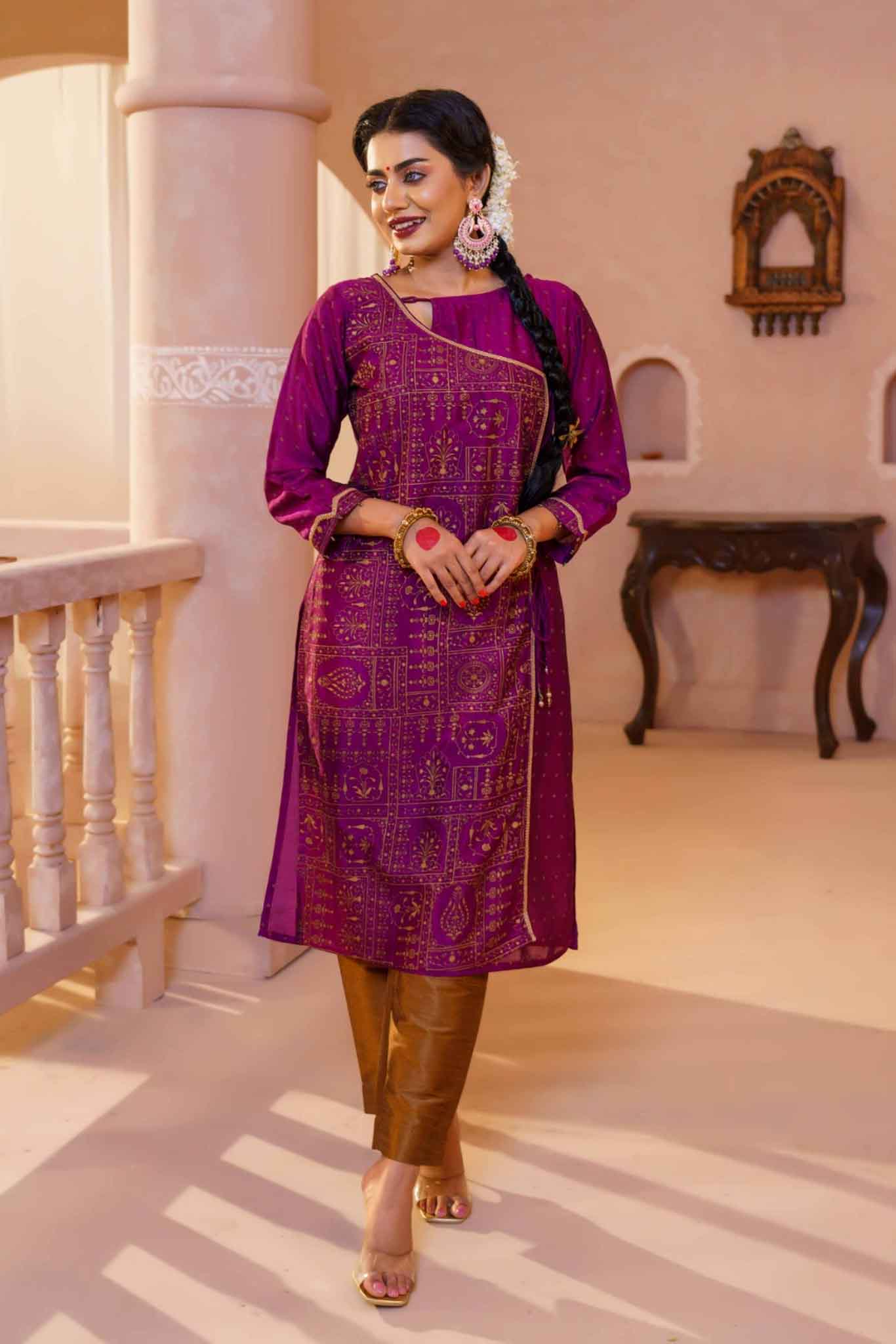 Women Violet Printed Silk Kurti