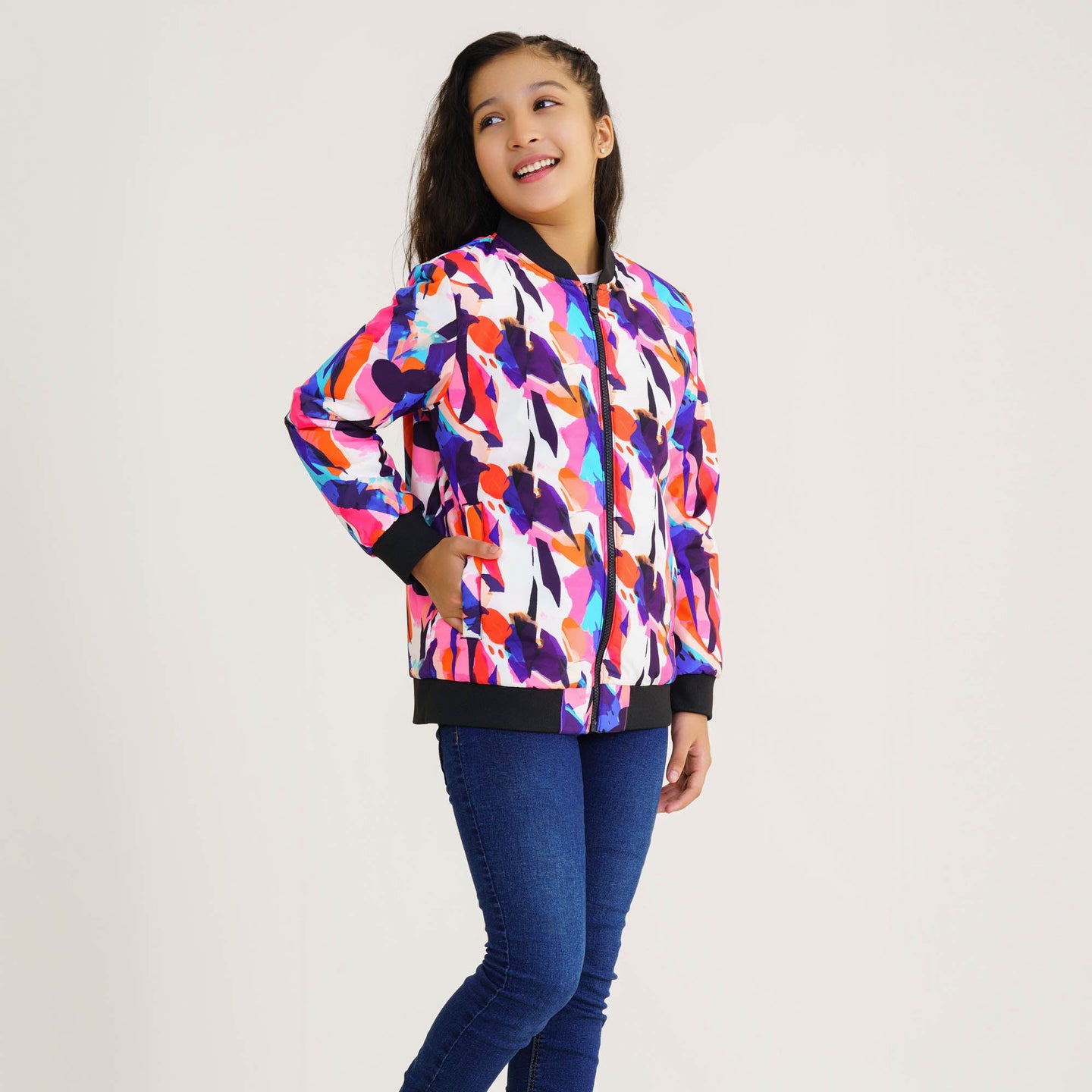 Girl's Multi Color Aop Reversible Bomber Jacket